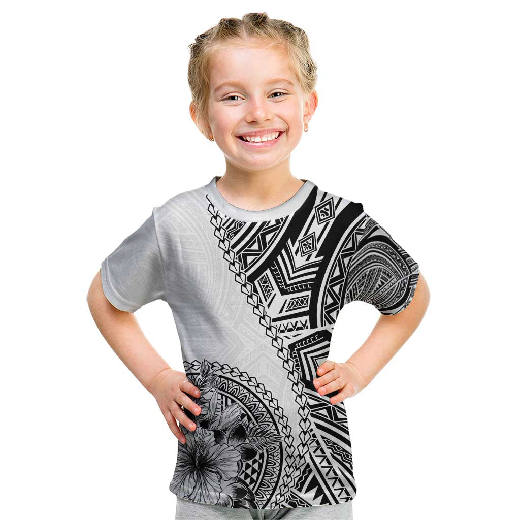 Hibiscus With White Austronesian Tattoo Pattern Kid T Shirt LT05 White - Polynesian Pride