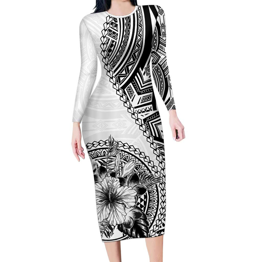 Hibiscus With White Austronesian Tattoo Pattern Long Sleeve Bodycon Dress - Polynesian Pride