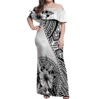 Hibiscus With White Austronesian Tattoo Pattern Off Shoulder Maxi Dress - Polynesian Pride