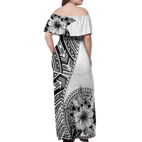 Hibiscus With White Austronesian Tattoo Pattern Off Shoulder Maxi Dress - Polynesian Pride