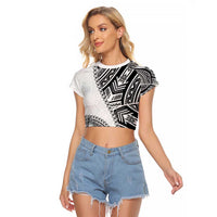 Hibiscus With White Austronesian Tattoo Pattern Raglan Cropped T Shirt LT05 Female White - Polynesian Pride