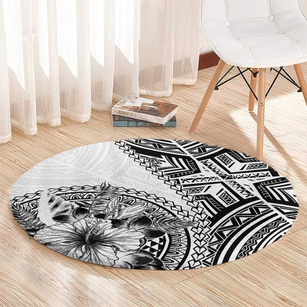 Hibiscus With White Austronesian Tattoo Pattern Round Carpet - Polynesian Pride