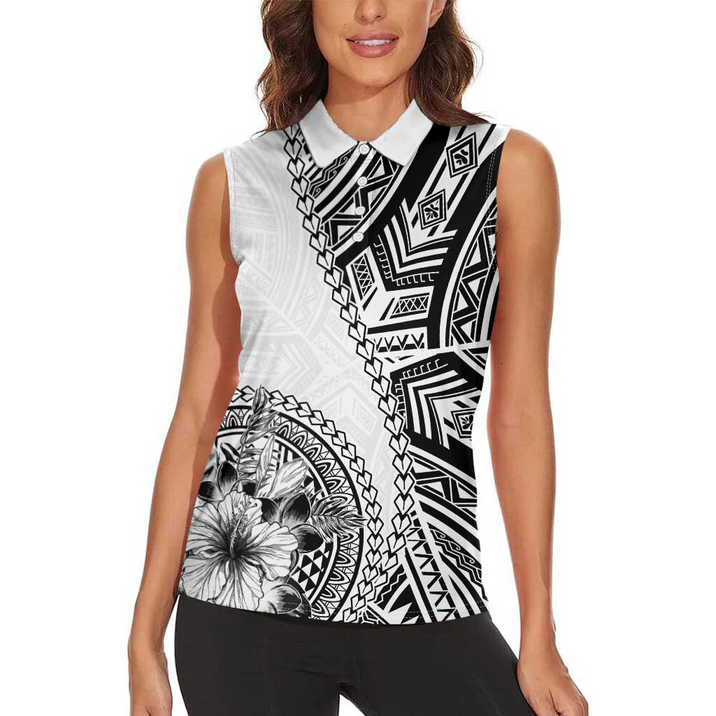 Hibiscus With White Austronesian Tattoo Pattern Women Sleeveless Polo Shirt LT05 - Polynesian Pride