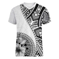 Hibiscus With White Austronesian Tattoo Pattern Women V-Neck T-Shirt LT05 Female White - Polynesian Pride