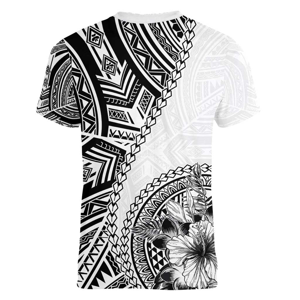 Hibiscus With White Austronesian Tattoo Pattern Women V-Neck T-Shirt LT05 - Polynesian Pride