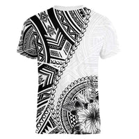 Hibiscus With White Austronesian Tattoo Pattern Women V-Neck T-Shirt LT05 - Polynesian Pride