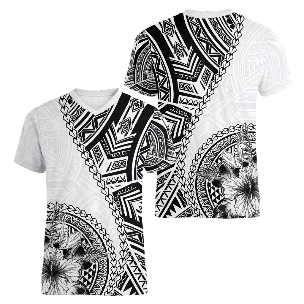 Hibiscus With White Austronesian Tattoo Pattern Women V-Neck T-Shirt LT05 - Polynesian Pride