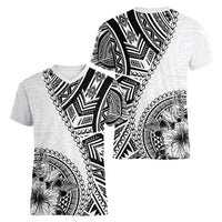 Hibiscus With White Austronesian Tattoo Pattern Women V-Neck T-Shirt LT05 - Polynesian Pride