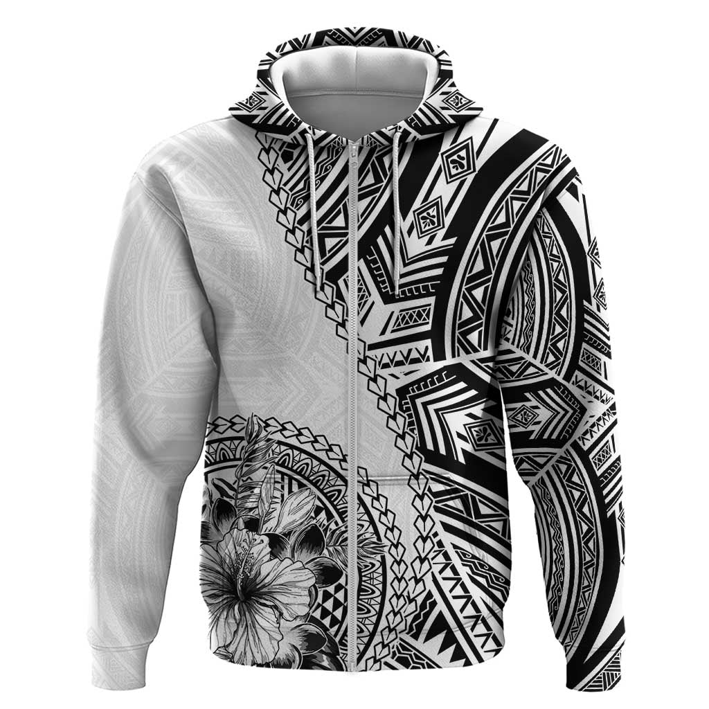 Hibiscus With White Austronesian Tattoo Pattern Zip Hoodie - Polynesian Pride