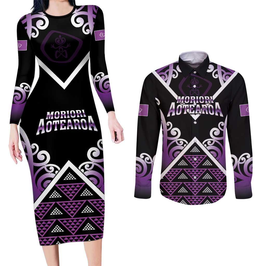Personalised Aotearoa Moriori Couples Matching Long Sleeve Bodycon Dress and Long Sleeve Button Shirt Maori Pattern New Zealand LT05 Purple - Polynesian Pride