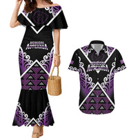 Personalised Aotearoa Moriori Couples Matching Mermaid Dress and Hawaiian Shirt Maori Pattern New Zealand LT05 Purple - Polynesian Pride