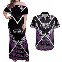 Personalised Aotearoa Moriori Couples Matching Off Shoulder Maxi Dress and Hawaiian Shirt Maori Pattern New Zealand LT05 Purple - Polynesian Pride