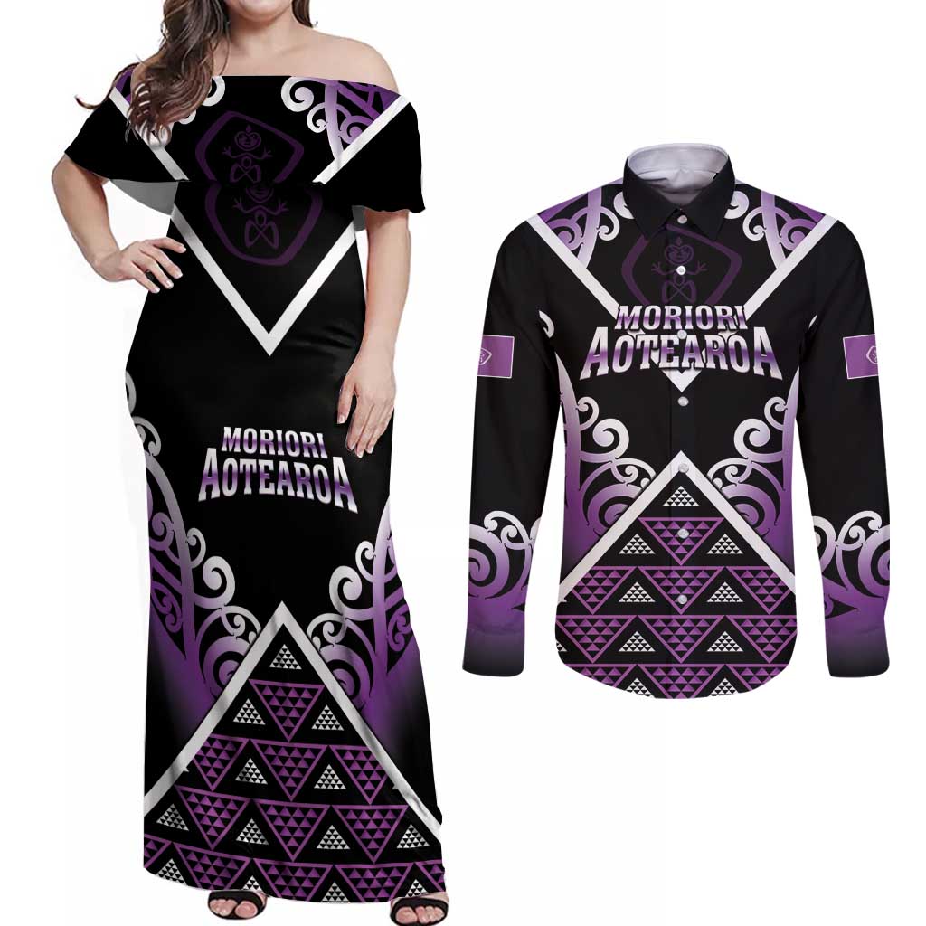 Personalised Aotearoa Moriori Couples Matching Off Shoulder Maxi Dress and Long Sleeve Button Shirt Maori Pattern New Zealand LT05 Purple - Polynesian Pride