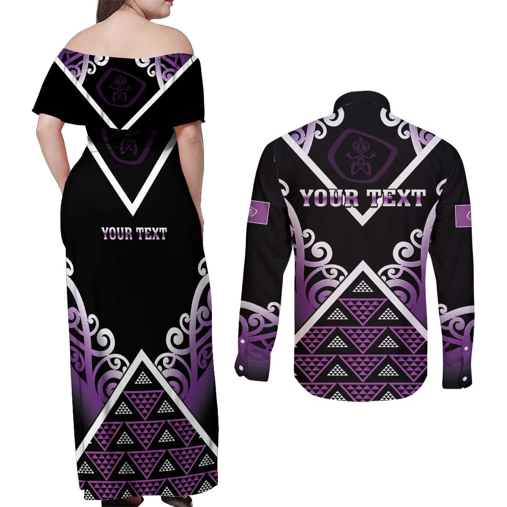 Personalised Aotearoa Moriori Couples Matching Off Shoulder Maxi Dress and Long Sleeve Button Shirt Maori Pattern New Zealand LT05 - Polynesian Pride