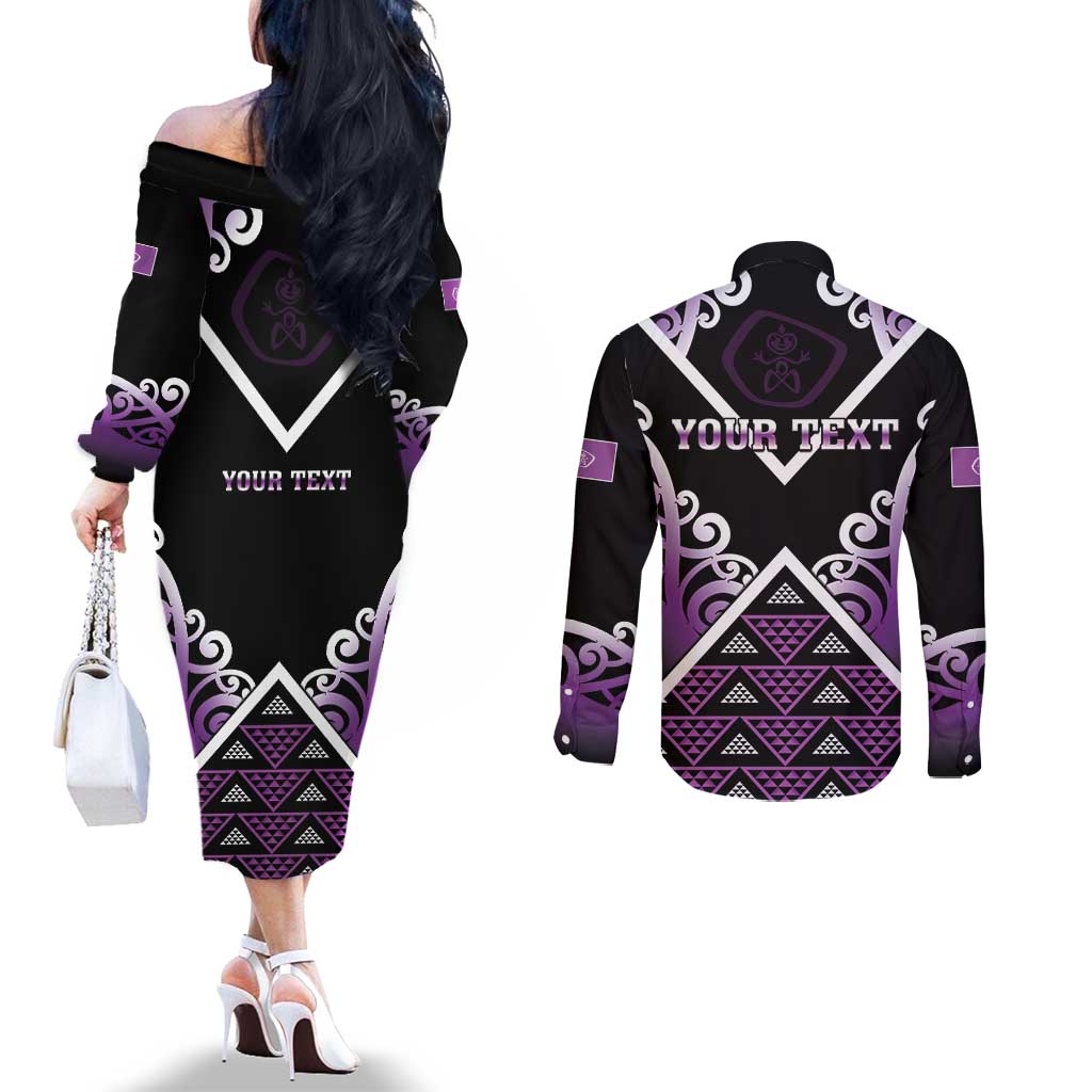 Personalised Aotearoa Moriori Couples Matching Off The Shoulder Long Sleeve Dress and Long Sleeve Button Shirt Maori Pattern New Zealand LT05 - Polynesian Pride