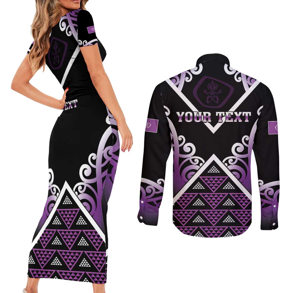 Personalised Aotearoa Moriori Couples Matching Short Sleeve Bodycon Dress and Long Sleeve Button Shirt Maori Pattern New Zealand LT05 - Polynesian Pride
