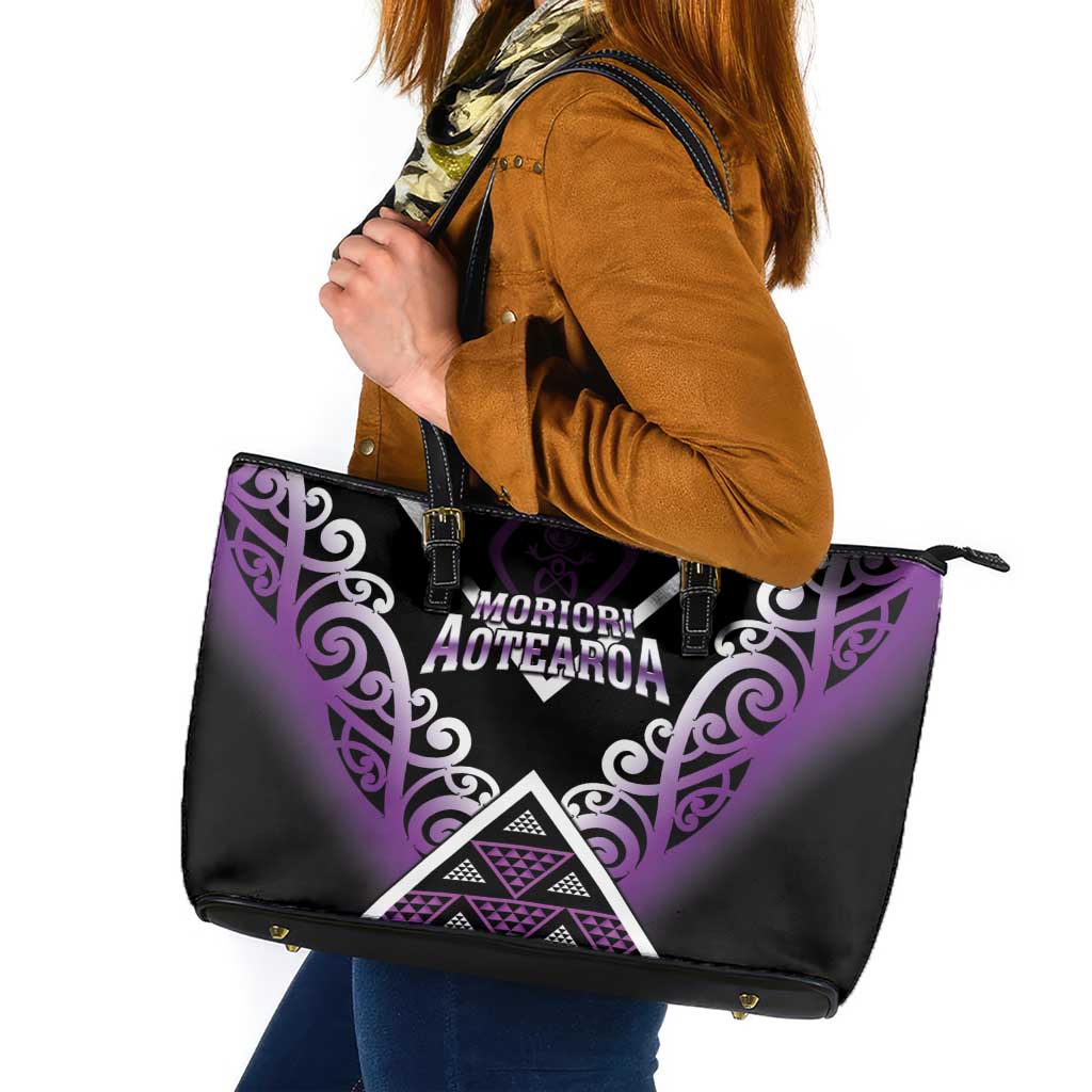 Aotearoa Moriori Leather Tote Bag Maori Pattern New Zealand LT05 Purple - Polynesian Pride