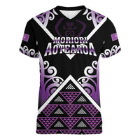 Personalised Aotearoa Moriori Women V-Neck T-Shirt Maori Pattern New Zealand LT05 Female Purple - Polynesian Pride