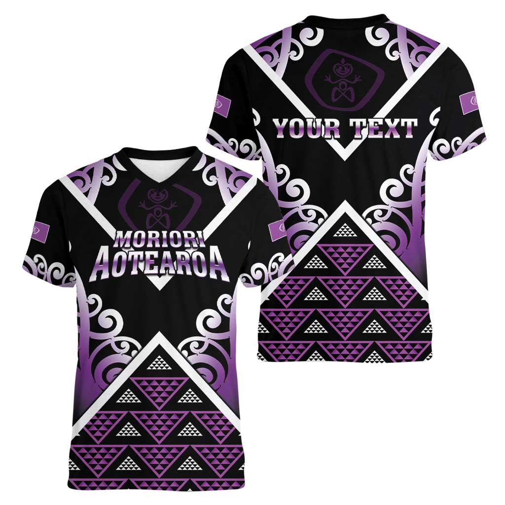 Personalised Aotearoa Moriori Women V-Neck T-Shirt Maori Pattern New Zealand LT05 - Polynesian Pride