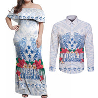 Happy Kosrae Liberation Day Couples Matching Off Shoulder Maxi Dress and Long Sleeve Button Shirt Polynesian Shark Turtle Motif LT05 White - Polynesian Pride
