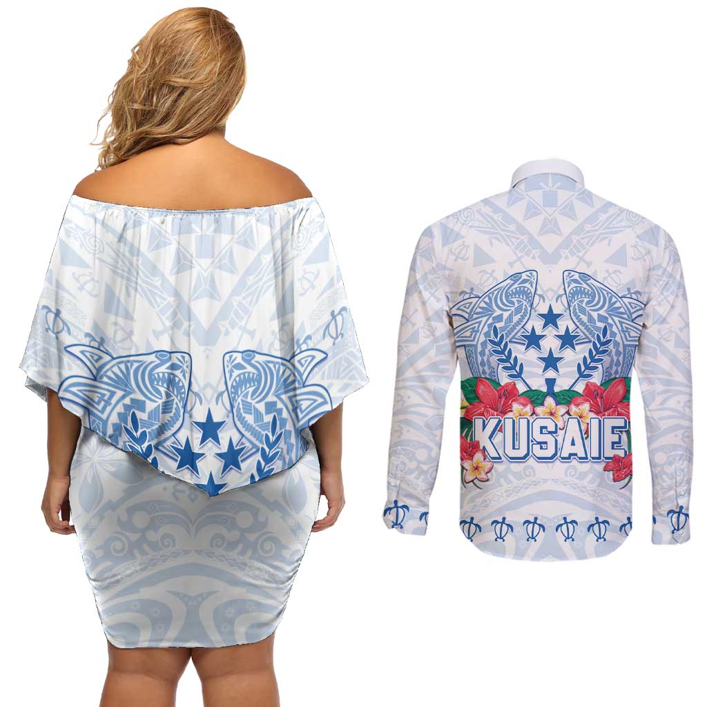 Happy Kosrae Liberation Day Couples Matching Off Shoulder Short Dress and Long Sleeve Button Shirt Polynesian Shark Turtle Motif LT05 - Polynesian Pride