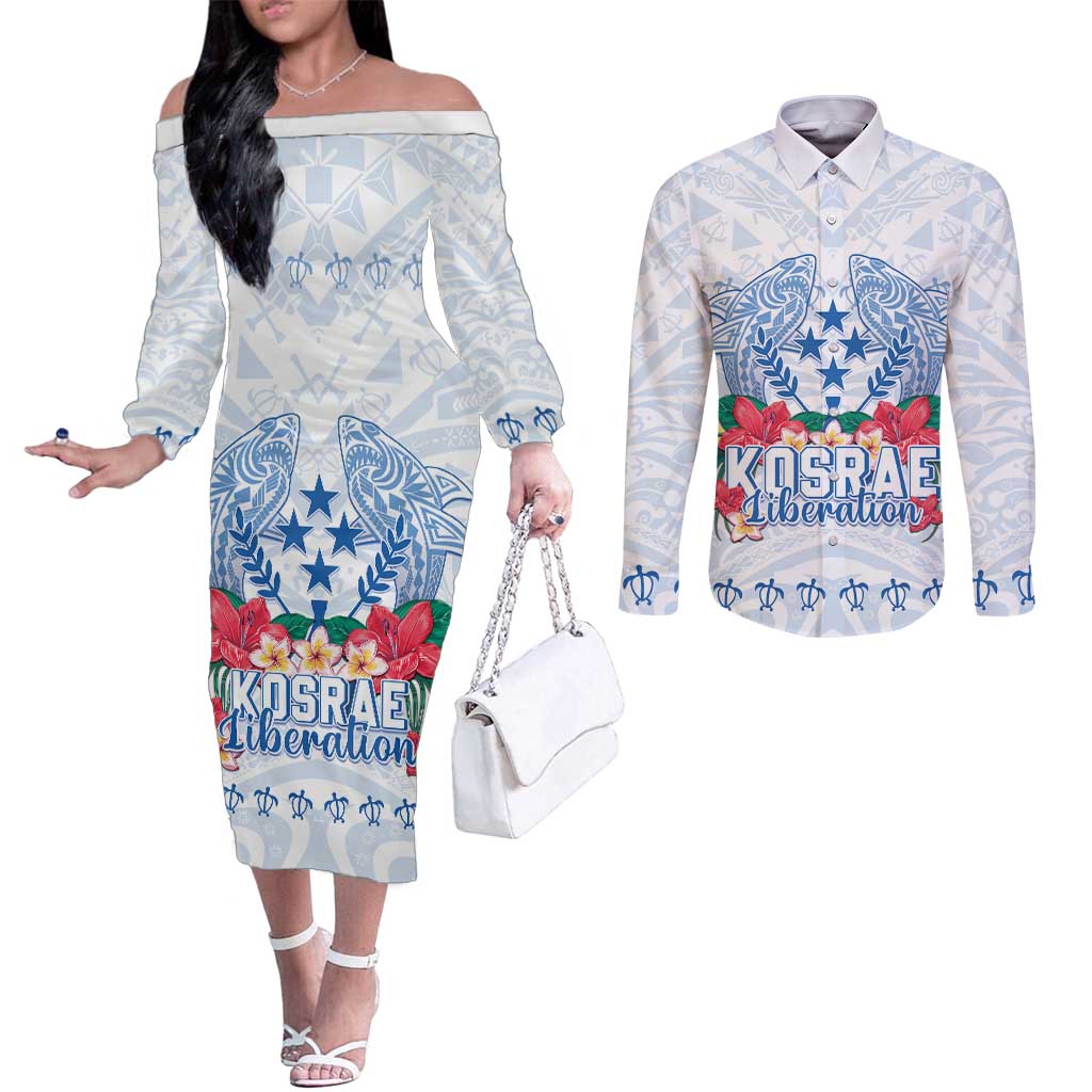Happy Kosrae Liberation Day Couples Matching Off The Shoulder Long Sleeve Dress and Long Sleeve Button Shirt Polynesian Shark Turtle Motif LT05 White - Polynesian Pride