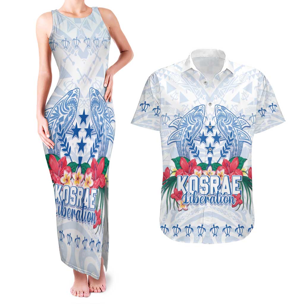 Happy Kosrae Liberation Day Couples Matching Tank Maxi Dress and Hawaiian Shirt Polynesian Shark Turtle Motif LT05 White - Polynesian Pride