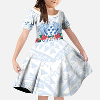Happy Kosrae Liberation Day Family Matching Mermaid Dress and Hawaiian Shirt Polynesian Shark Turtle Motif LT05 Daughter's Dress White - Polynesian Pride