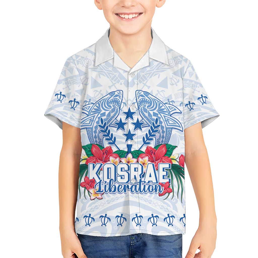 Happy Kosrae Liberation Day Kid Hawaiian Shirt Polynesian Shark Turtle Motif LT05 Kid White - Polynesian Pride