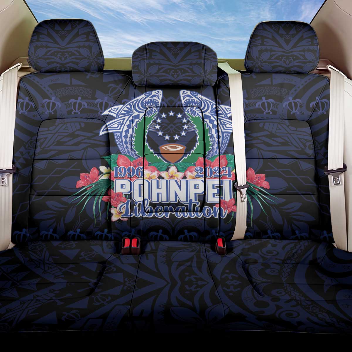 Happy Pohnpei Liberation Day Back Car Seat Cover Polynesian Shark Turtle Motif