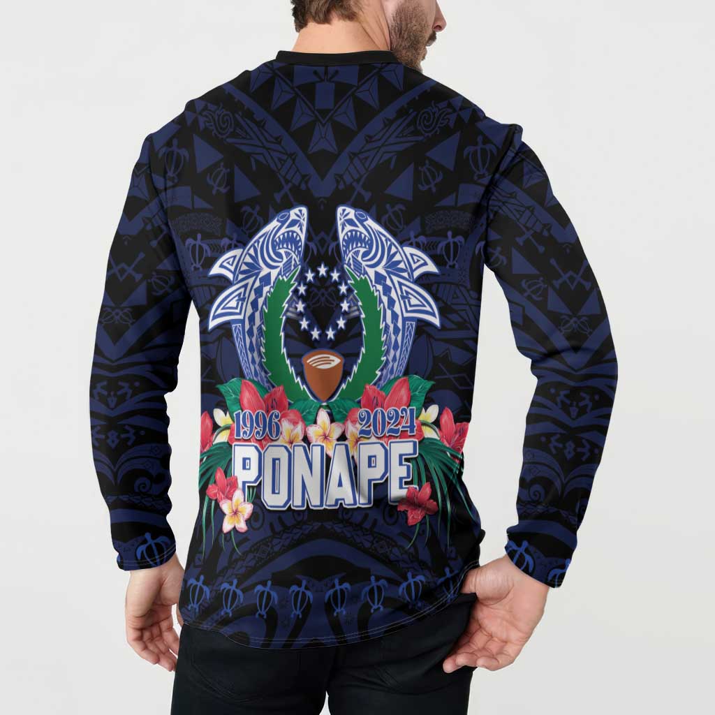 Happy Pohnpei Liberation Day Button Sweatshirt Polynesian Shark Turtle Motif