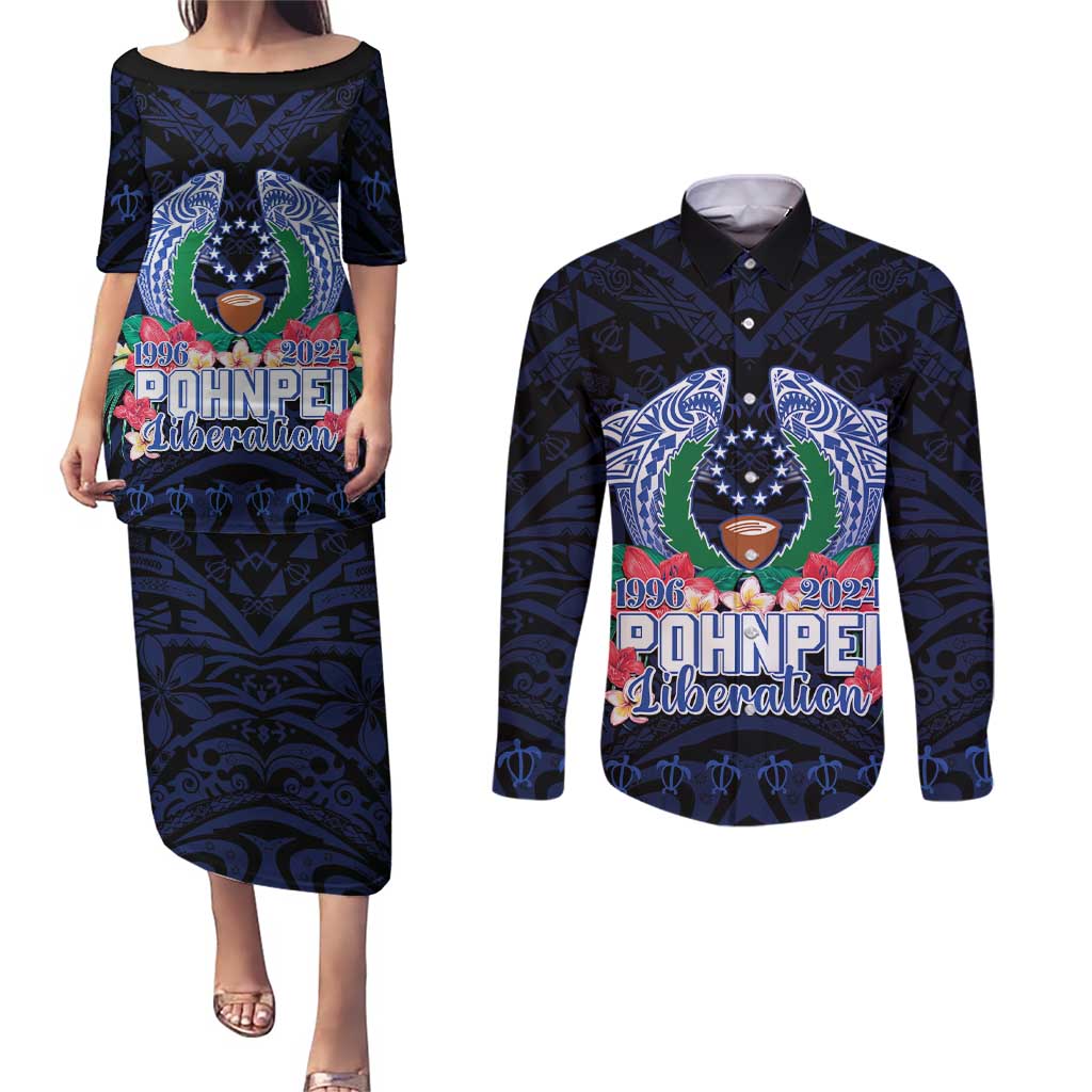 Happy Pohnpei Liberation Day Couples Matching Puletasi and Long Sleeve Button Shirt Polynesian Shark Turtle Motif