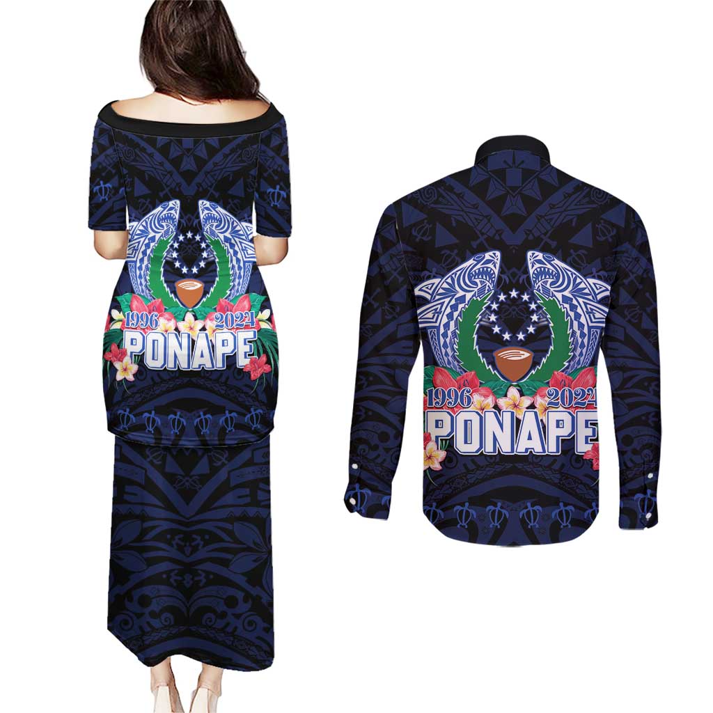 Happy Pohnpei Liberation Day Couples Matching Puletasi and Long Sleeve Button Shirt Polynesian Shark Turtle Motif