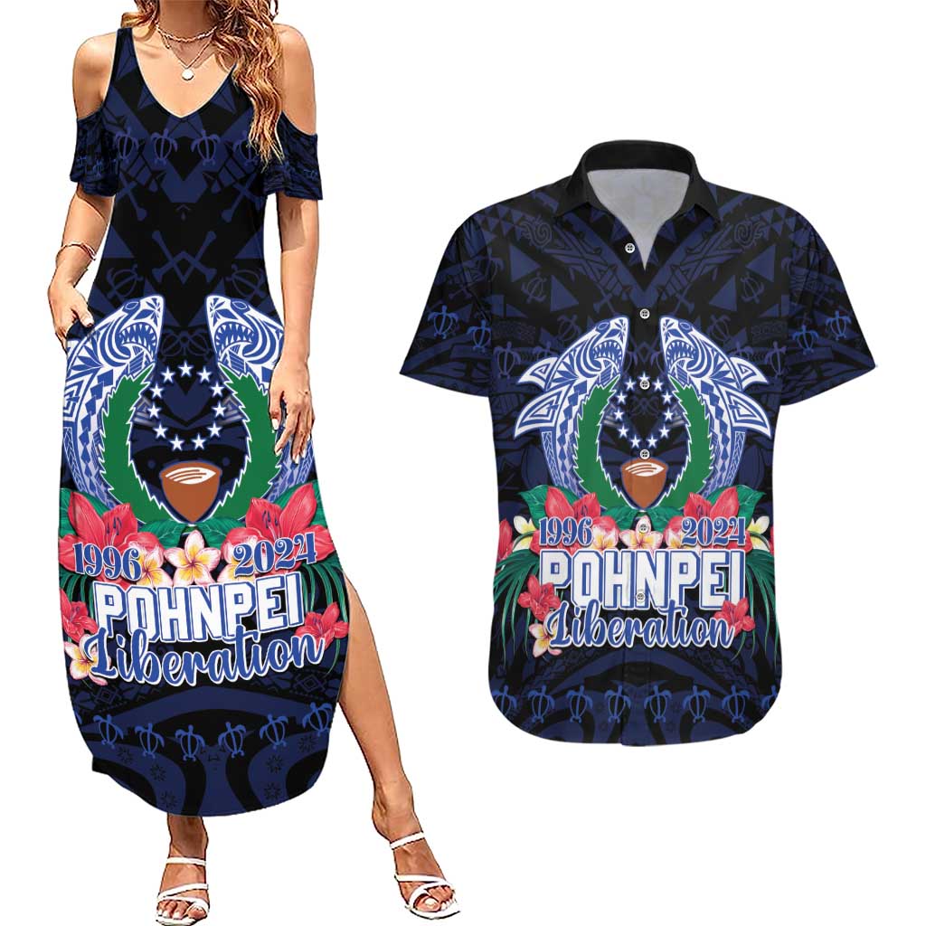 Happy Pohnpei Liberation Day Couples Matching Summer Maxi Dress and Hawaiian Shirt Polynesian Shark Turtle Motif