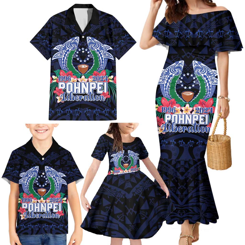 Happy Pohnpei Liberation Day Family Matching Mermaid Dress and Hawaiian Shirt Polynesian Shark Turtle Motif