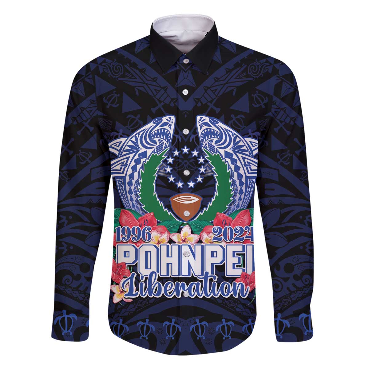 Happy Pohnpei Liberation Day Family Matching Off The Shoulder Long Sleeve Dress and Hawaiian Shirt Polynesian Shark Turtle Motif