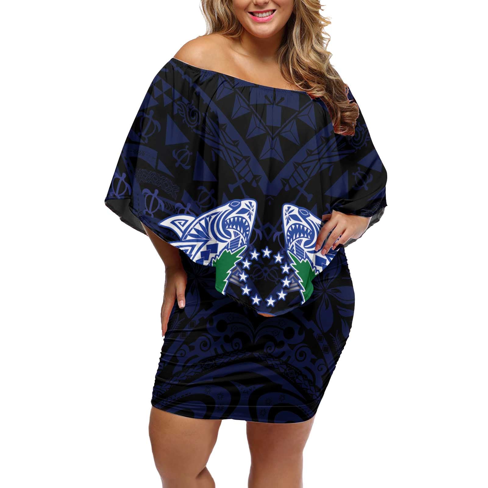 Happy Pohnpei Liberation Day Off Shoulder Short Dress Polynesian Shark Turtle Motif