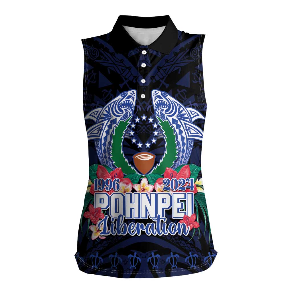 Happy Pohnpei Liberation Day Women Sleeveless Polo Shirt Polynesian Shark Turtle Motif