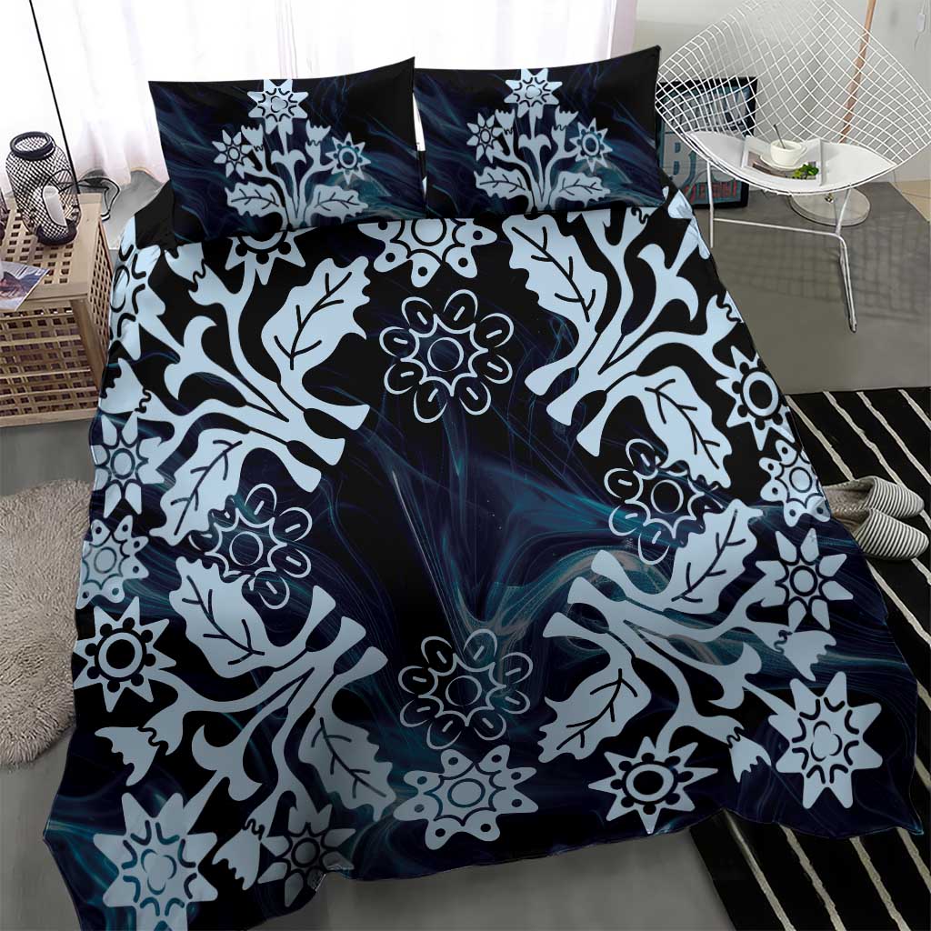 Cook Islands Tivaevae Quilt Bedding Set Navy Blue Marble - Polynesian Pride