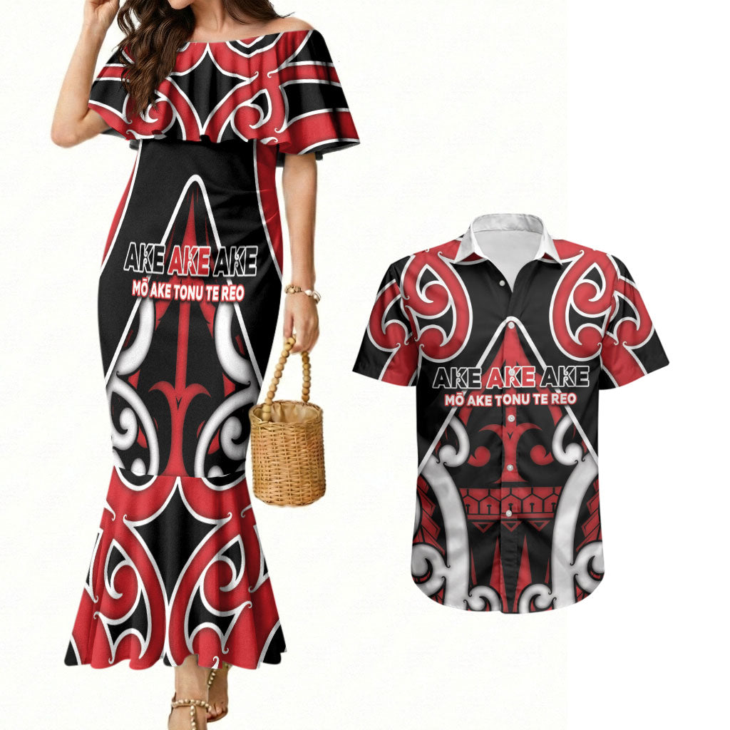 New Zealand Maori Language Week Couples Matching Mermaid Dress and Hawaiian Shirt Mo Ake Tonu Te Reo LT05 Black - Polynesian Pride