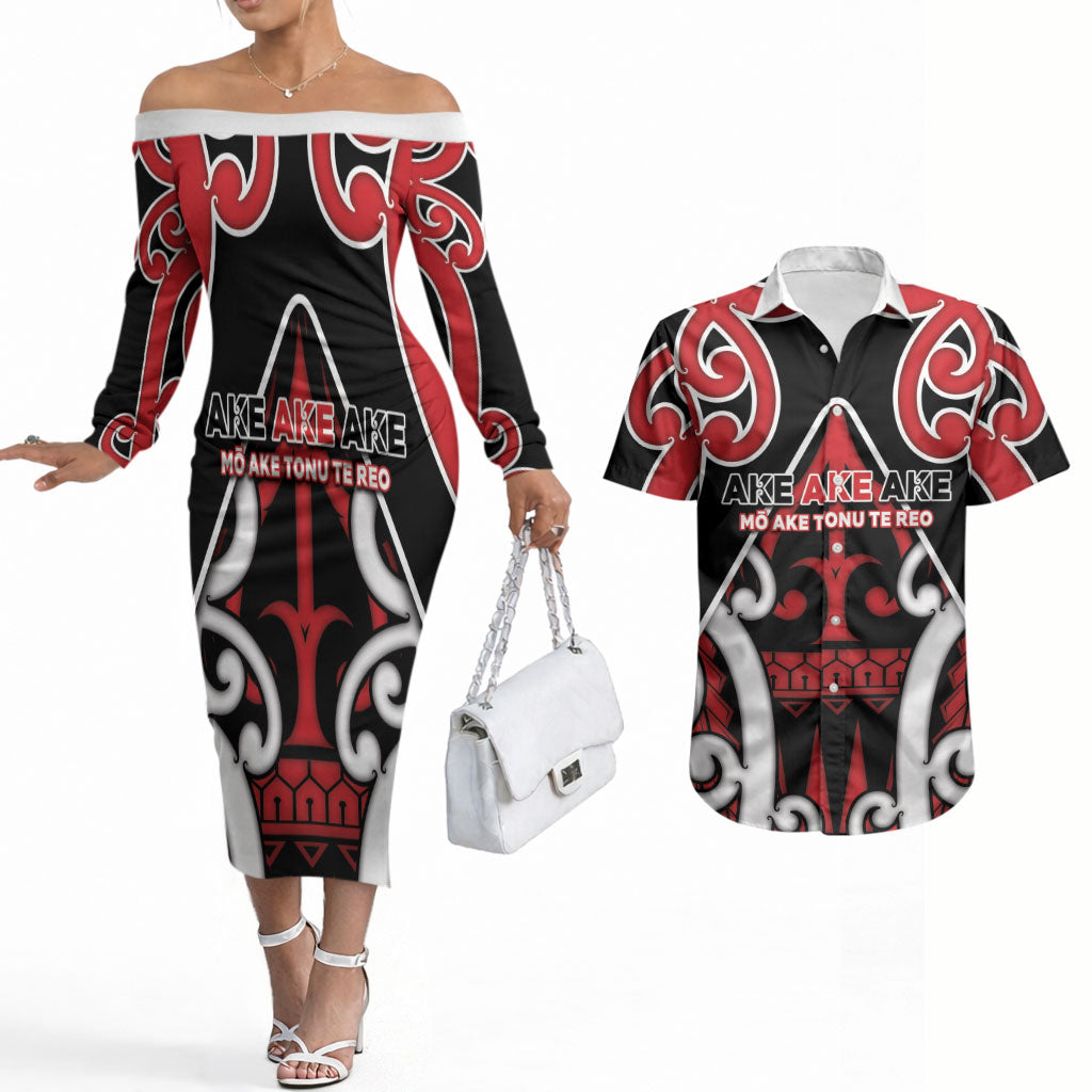 New Zealand Maori Language Week Couples Matching Off The Shoulder Long Sleeve Dress and Hawaiian Shirt Mo Ake Tonu Te Reo