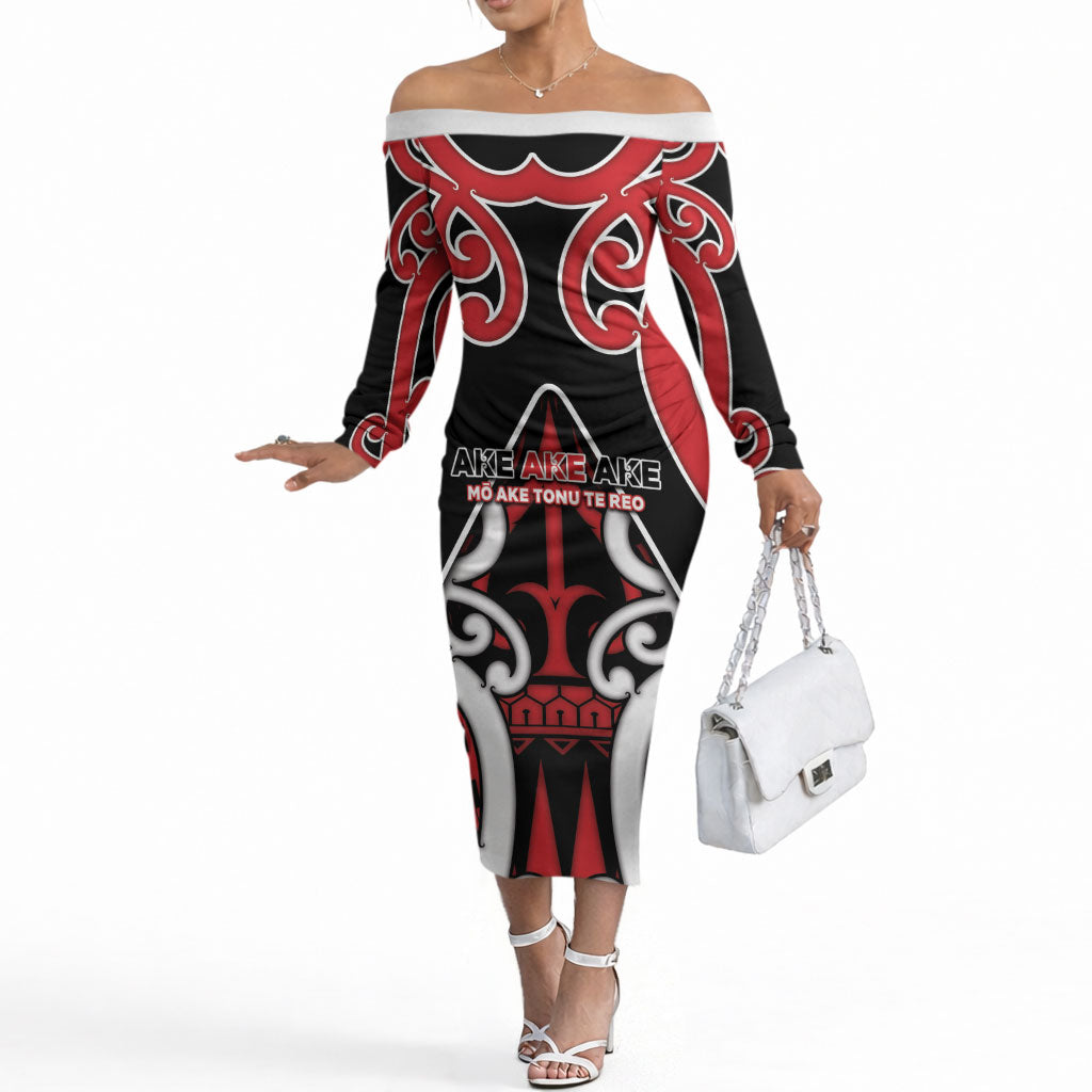 New Zealand Maori Language Week Off The Shoulder Long Sleeve Dress Mo Ake Tonu Te Reo LT05 Women Black - Polynesian Pride