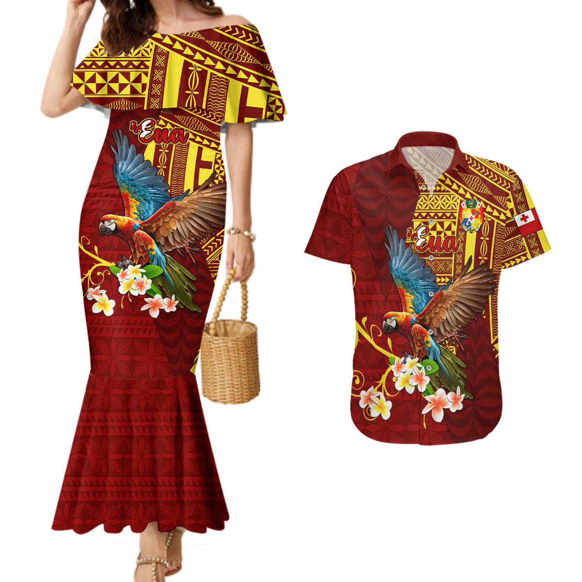 Personalized Tonga Eua Couples Matching Mermaid Dress and Hawaiian Shirt Maroon Shining Parrot Coat Of Arms With Ngatu Pattern LT05 Red - Polynesian Pride