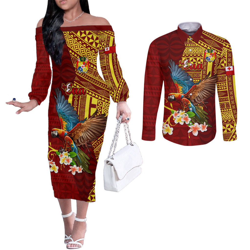 Personalized Tonga Eua Couples Matching Off The Shoulder Long Sleeve Dress and Long Sleeve Button Shirts Maroon Shining Parrot Coat Of Arms With Ngatu Pattern LT05 Red - Polynesian Pride