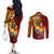 Personalized Tonga Eua Couples Matching Off The Shoulder Long Sleeve Dress and Long Sleeve Button Shirts Maroon Shining Parrot Coat Of Arms With Ngatu Pattern LT05 - Polynesian Pride