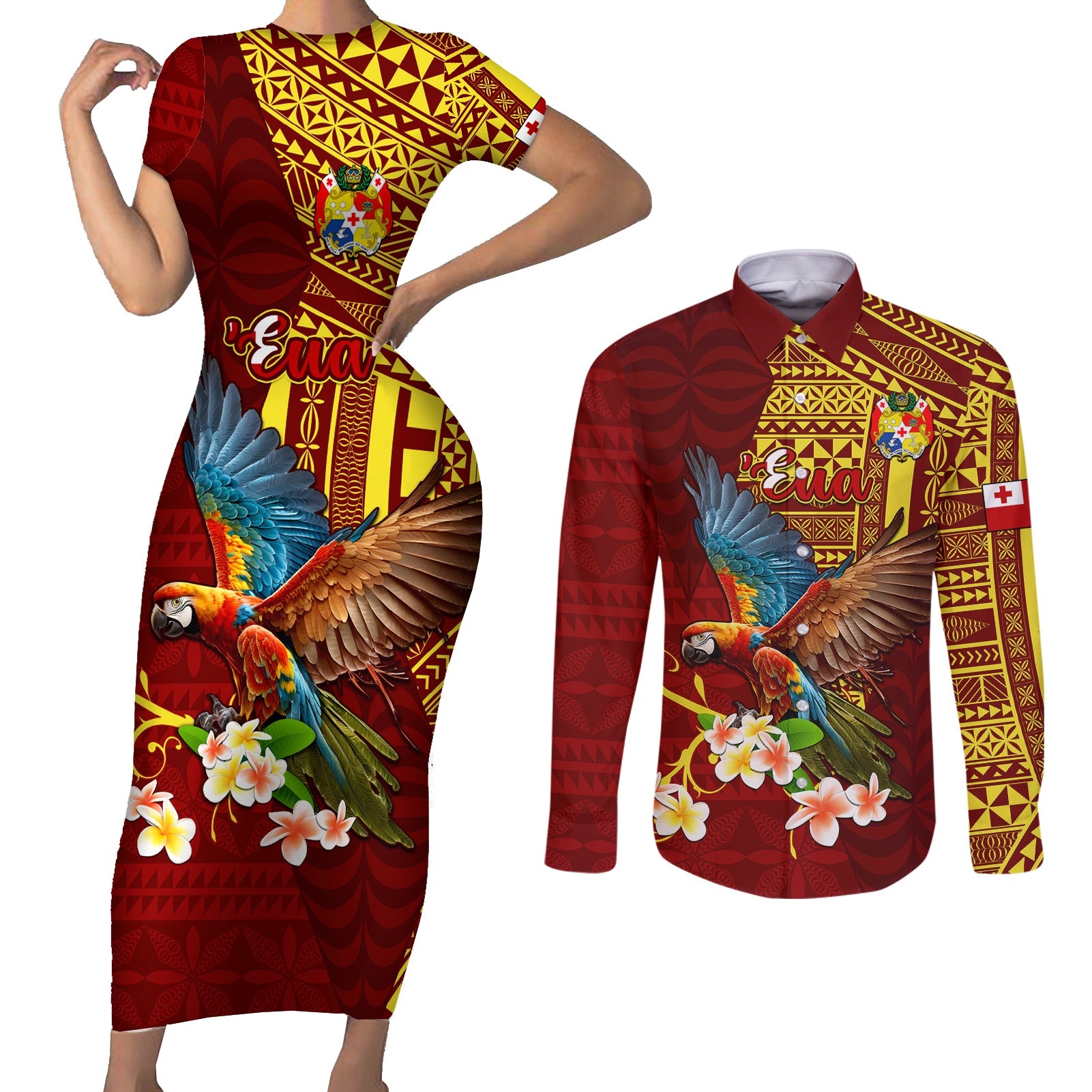 Personalized Tonga Eua Couples Matching Short Sleeve Bodycon Dress and Long Sleeve Button Shirts Maroon Shining Parrot Coat Of Arms With Ngatu Pattern LT05 Red - Polynesian Pride
