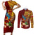 Personalized Tonga Eua Couples Matching Short Sleeve Bodycon Dress and Long Sleeve Button Shirts Maroon Shining Parrot Coat Of Arms With Ngatu Pattern LT05 Red - Polynesian Pride