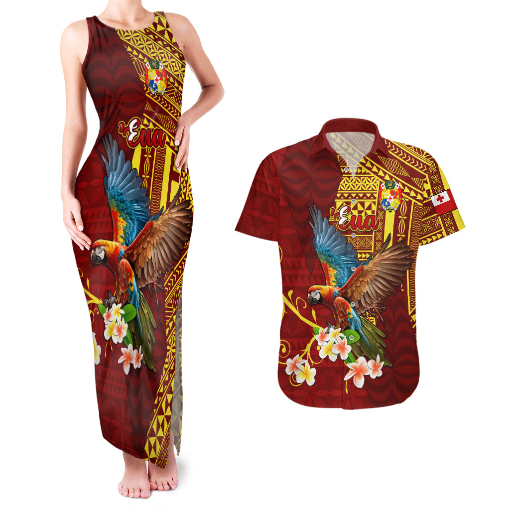 Personalized Tonga Eua Couples Matching Tank Maxi Dress and Hawaiian Shirt Maroon Shining Parrot Coat Of Arms With Ngatu Pattern LT05 Red - Polynesian Pride