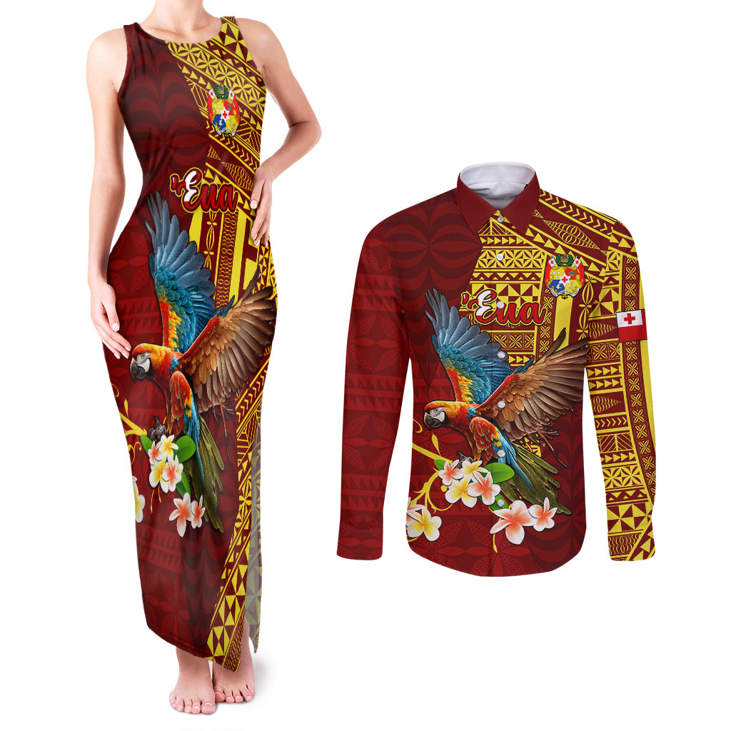 Personalized Tonga Eua Couples Matching Tank Maxi Dress and Long Sleeve Button Shirts Maroon Shining Parrot Coat Of Arms With Ngatu Pattern LT05 Red - Polynesian Pride