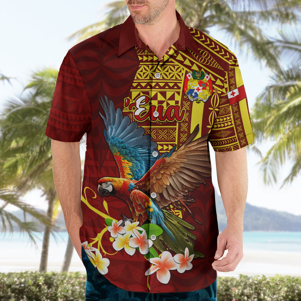 Personalized Tonga Eua Hawaiian Shirt Maroon Shining Parrot Coat Of Arms With Ngatu Pattern LT05 - Polynesian Pride